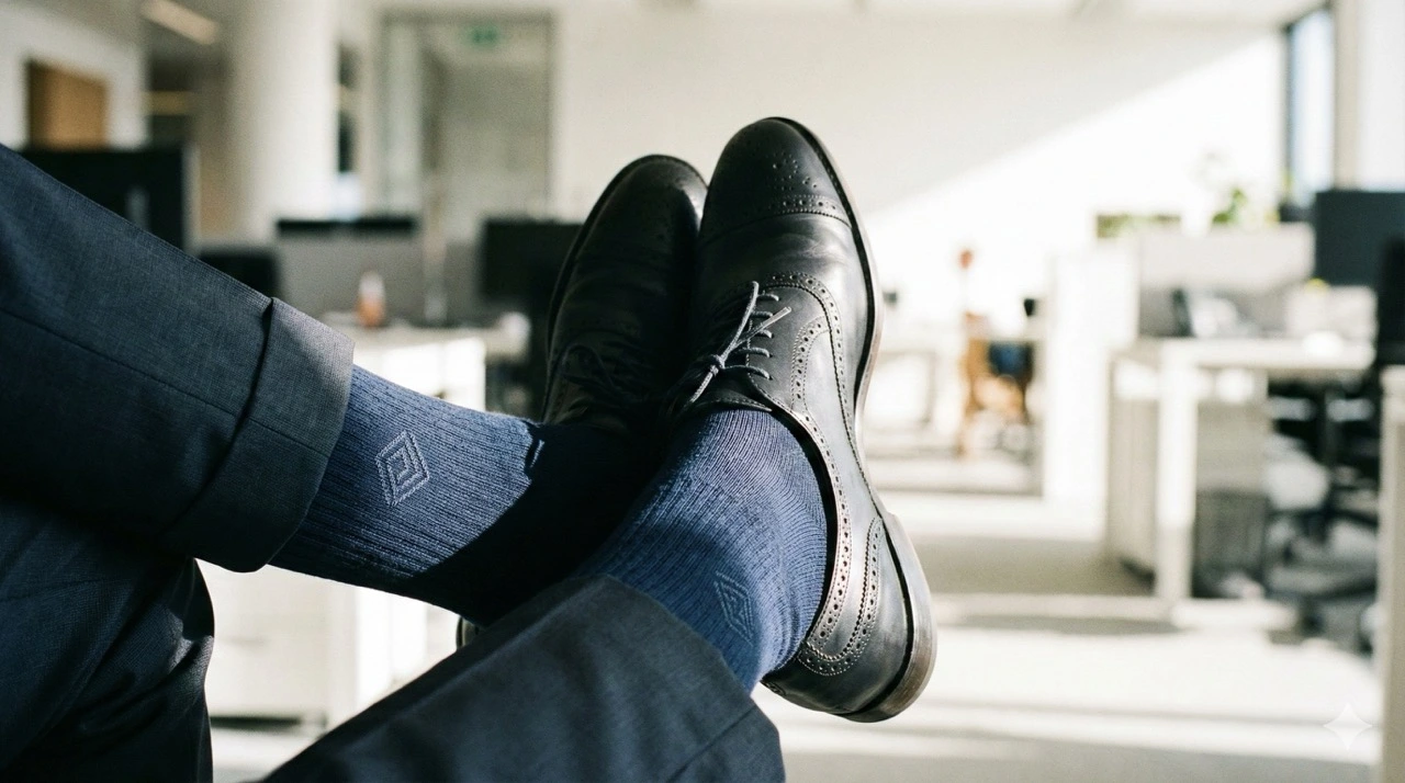 Personalisierte Business-Socken in Dunkelblau als hochwertiges Mitarbeitergeschenk im modernen Büro.