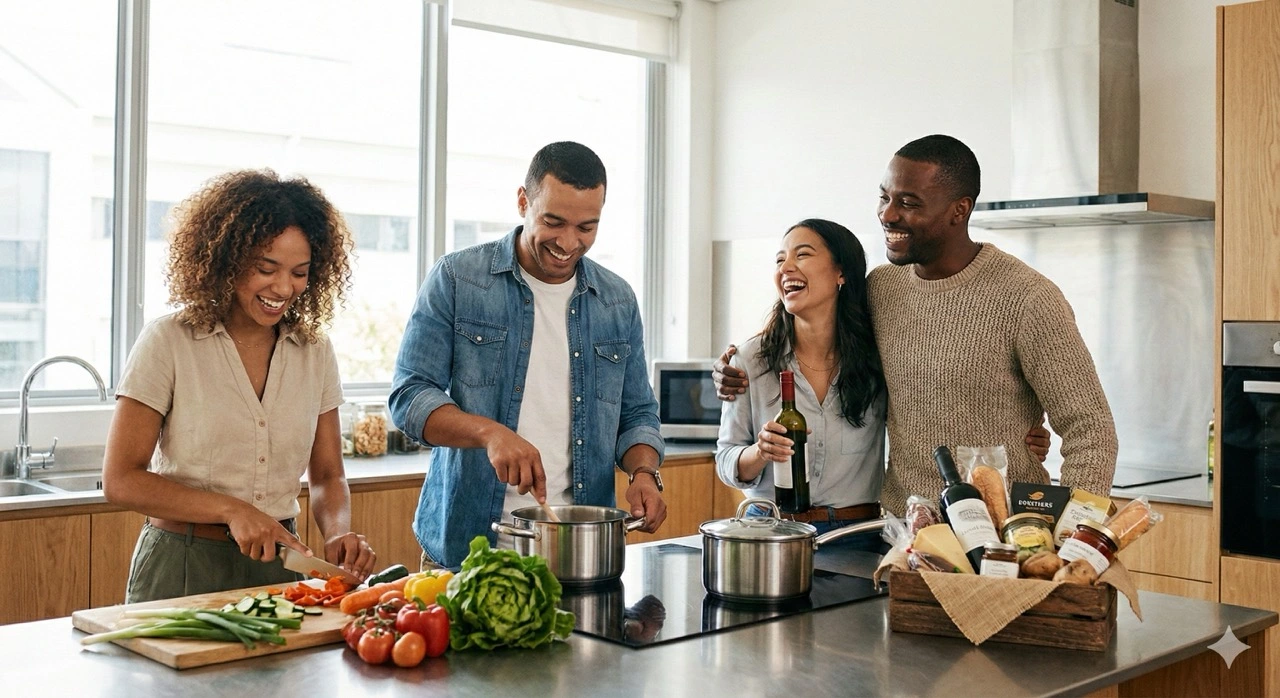 Fröhliches Team beim gemeinsamen Kochen als Teambuilding-Maßnahme und kulinarisches Mitarbeitergeschenk.