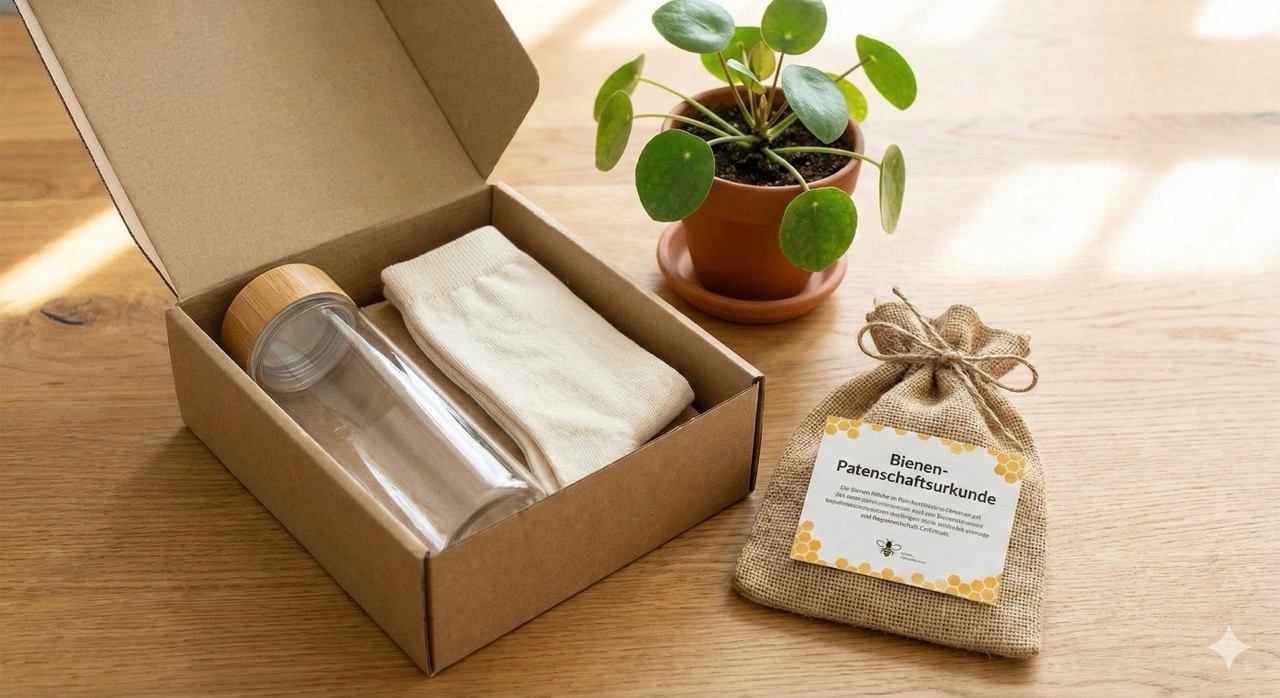Nachhaltige Geschenkbox für Mitarbeiter mit Bio-Socken, Glas-Trinkflasche und Bienenpatenschaft.
