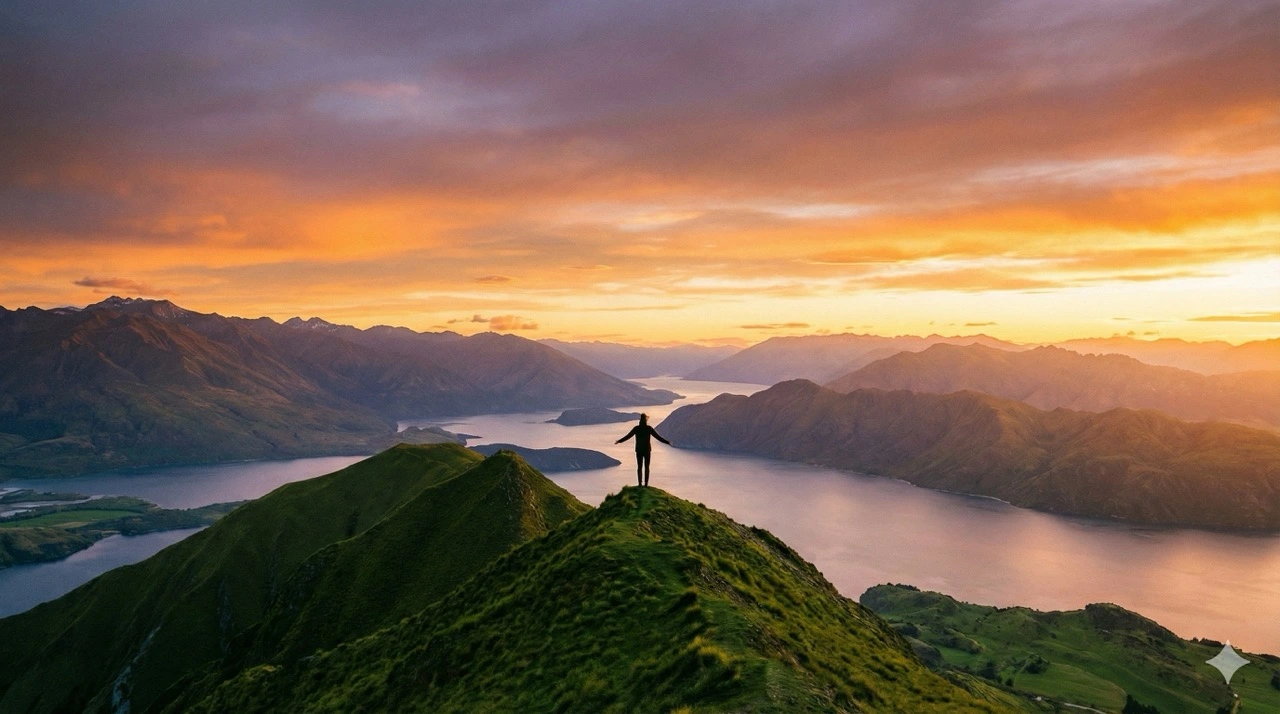 Person auf grünem Hügel bei Sonnenuntergang symbolisiert Sonderurlaub und Work-Life-Balance als Mitarbeitergeschenk.