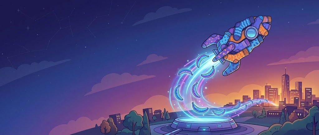 Eine stilisierte Rakete aus gebündelten Socken, angetrieben durch einen Schweif aus leuchtenden blau-lila Nano-Bananen, die den schnellen Express-Versand von Socken24 symbolisiert.